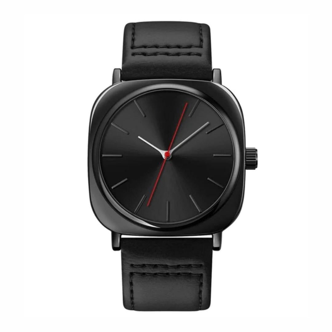 Men's Black Square Quartz Watch with Red Second Hand