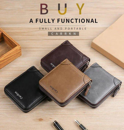 Men's Slim Leather Wallet with Zip Closure - Black, Brown, Grey