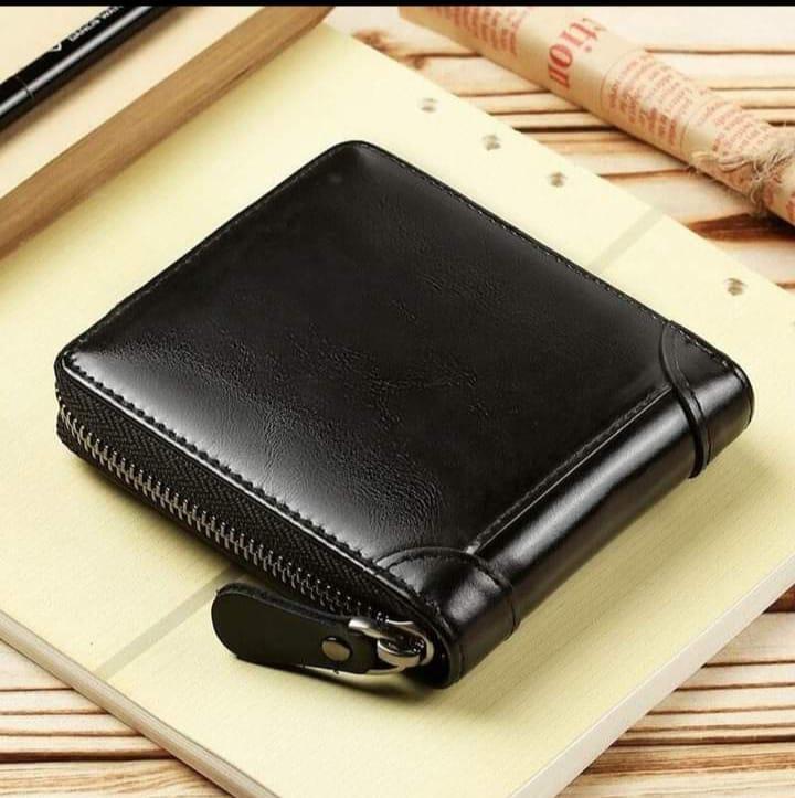 Men's Slim Leather Wallet with Zip Closure - Black, Brown, Grey