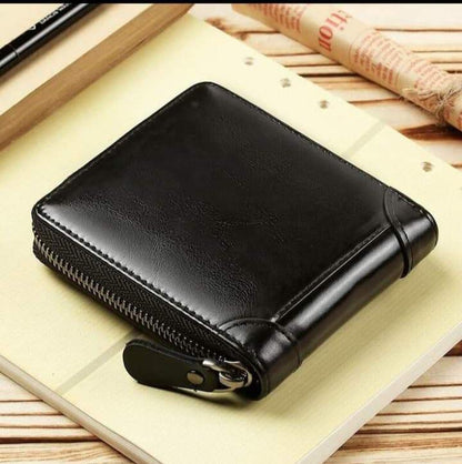Men's Slim Leather Wallet with Zip Closure - Black, Brown, Grey