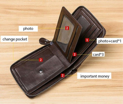 Men's Slim Leather Wallet with Zip Closure - Black, Brown, Grey