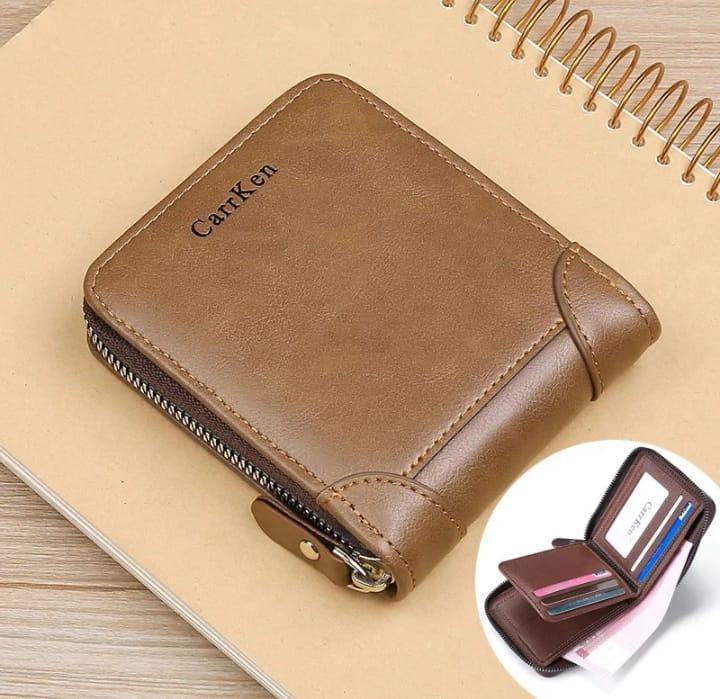 Men's Slim Leather Wallet with Zip Closure - Black, Brown, Grey