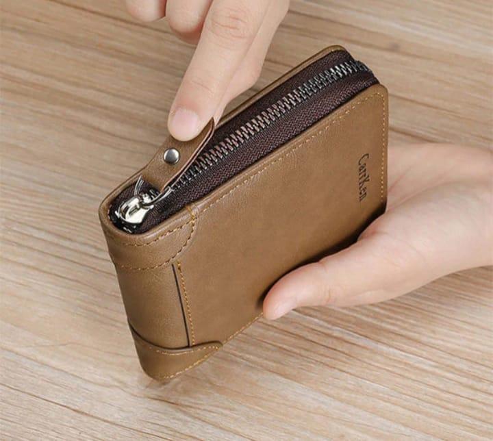 Men's Slim Leather Wallet with Zip Closure - Black, Brown, Grey