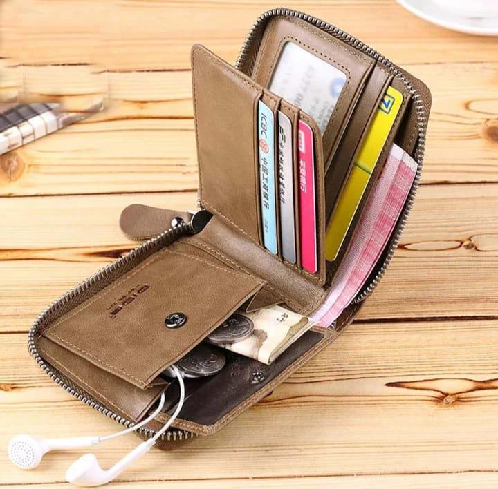 Men's Slim Leather Wallet with Zip Closure - Black, Brown, Grey