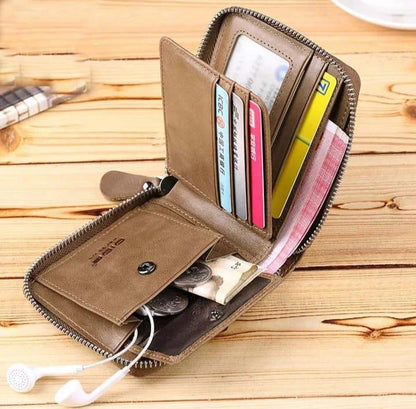 Men's Slim Leather Wallet with Zip Closure - Black, Brown, Grey