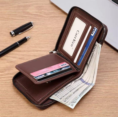 Men's Slim Leather Wallet with Zip Closure - Black, Brown, Grey