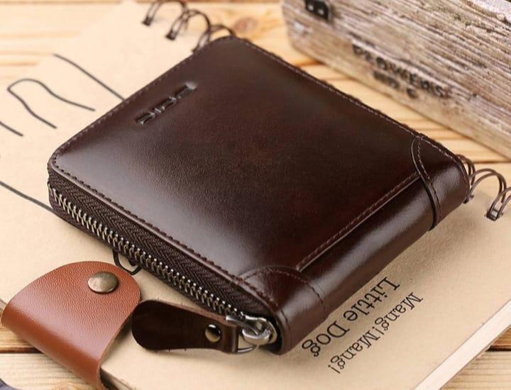 Men's Slim Leather Wallet with Zip Closure - Black, Brown, Grey