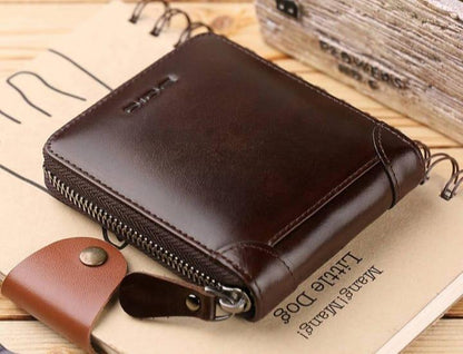 Men's Slim Leather Wallet with Zip Closure - Black, Brown, Grey