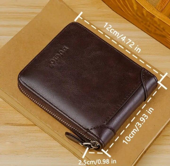 Men's Slim Leather Wallet with Zip Closure - Black, Brown, Grey