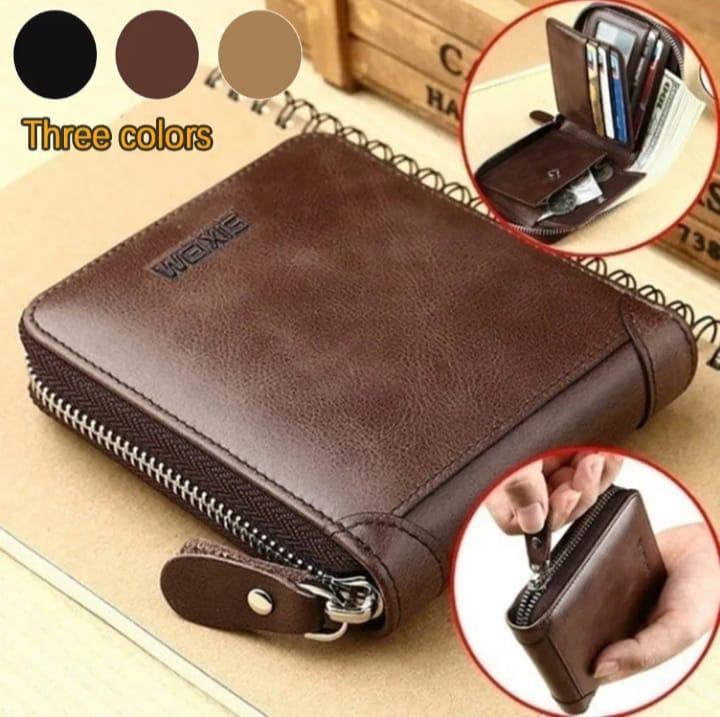 Men's Slim Leather Wallet with Zip Closure - Black, Brown, Grey