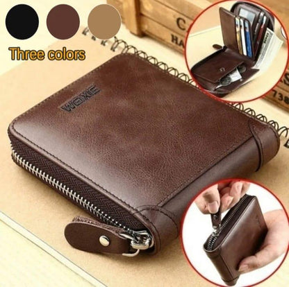 Men's Slim Leather Wallet with Zip Closure - Black, Brown, Grey