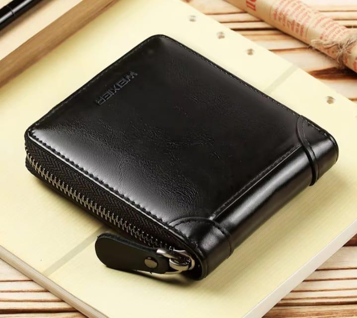 Men's Slim Leather Wallet with Zip Closure - Black, Brown, Grey