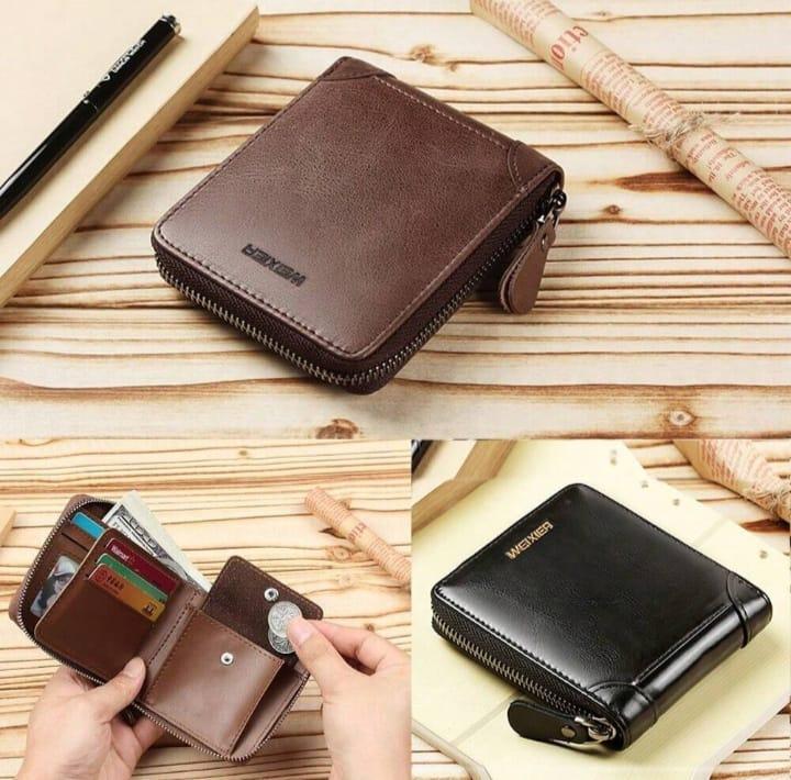 Men's Slim Leather Wallet with Zip Closure - Black, Brown, Grey