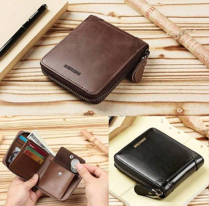 Men's Slim Leather Wallet with Zip Closure - Black, Brown, Grey