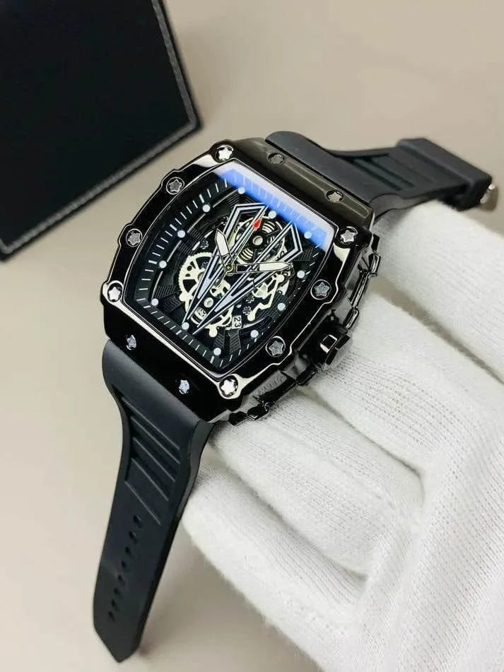 Men Black Skeleton Watch with Rubber Strap