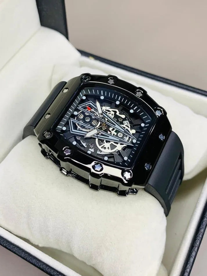 Men Black Skeleton Watch with Rubber Strap