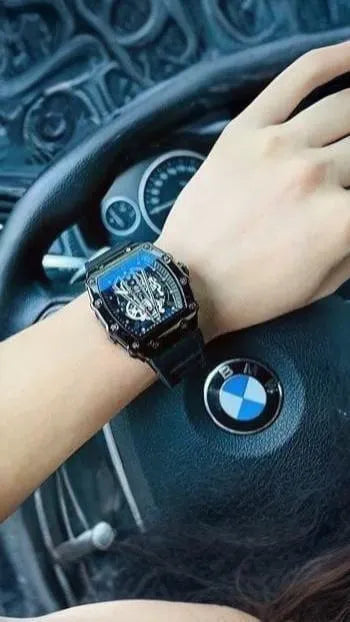 Men Black Skeleton Watch with Rubber Strap