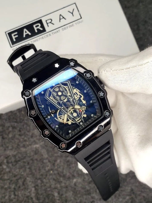 Men Black Skeleton Watch with Rubber Strap