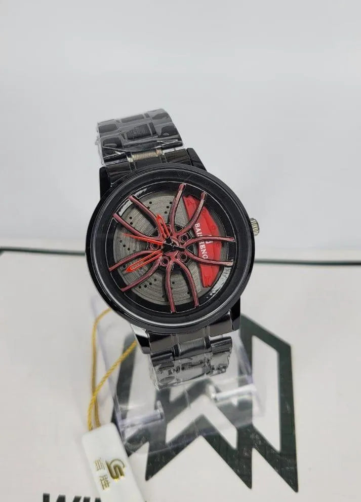 Stainless Steel Spinning Watch Red Dial Black Strap