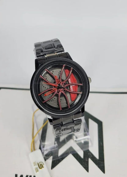 Stainless Steel Spinning Watch Red Dial Black Strap