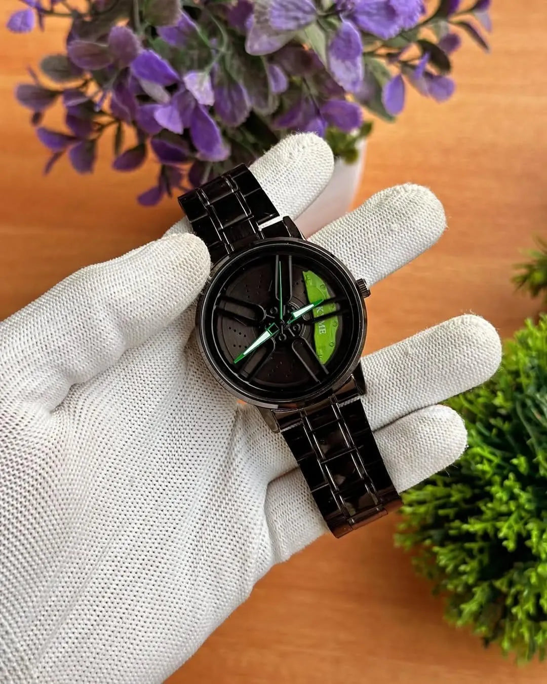 Stainless Steel Spinning Watch Red Dial Black Strap