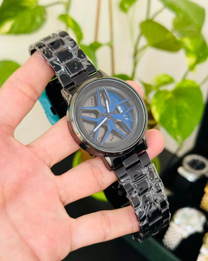 Stainless Steel Spinning Watch Red Dial Black Strap