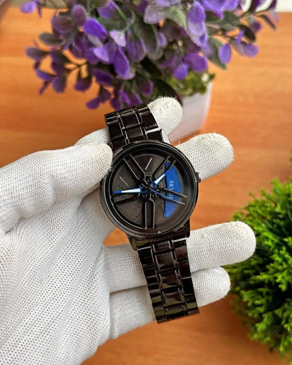 Stainless Steel Spinning Watch Red Dial Black Strap