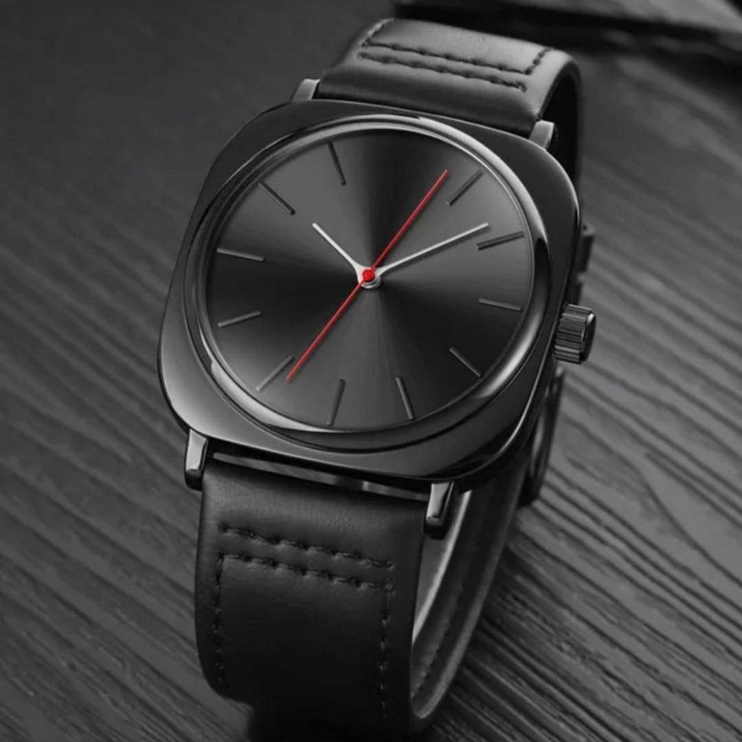 Men's Black Square Quartz Watch with Red Second Hand