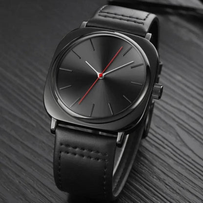 Men's Black Square Quartz Watch with Red Second Hand