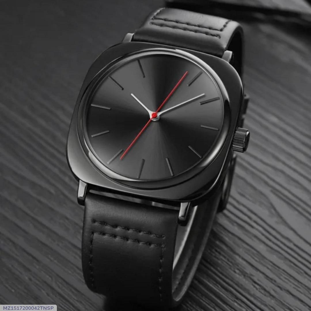 Men's Black Square Quartz Watch with Red Second Hand