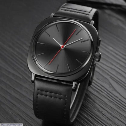 Men's Black Square Quartz Watch with Red Second Hand