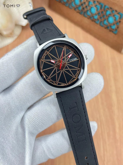 Men's Quartz Watch with Geometric Dial and Leather Strap1999