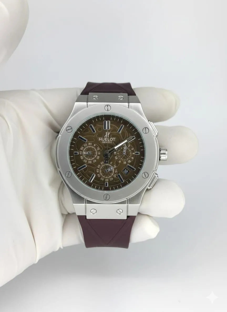 Men's Stainless Steel Chronograph Watch with Brown Rubber Strap