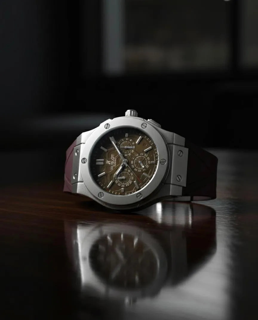 Men's Stainless Steel Chronograph Watch with Brown Rubber Strap