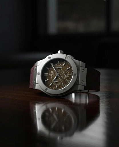 Men's Stainless Steel Chronograph Watch with Brown Rubber Strap