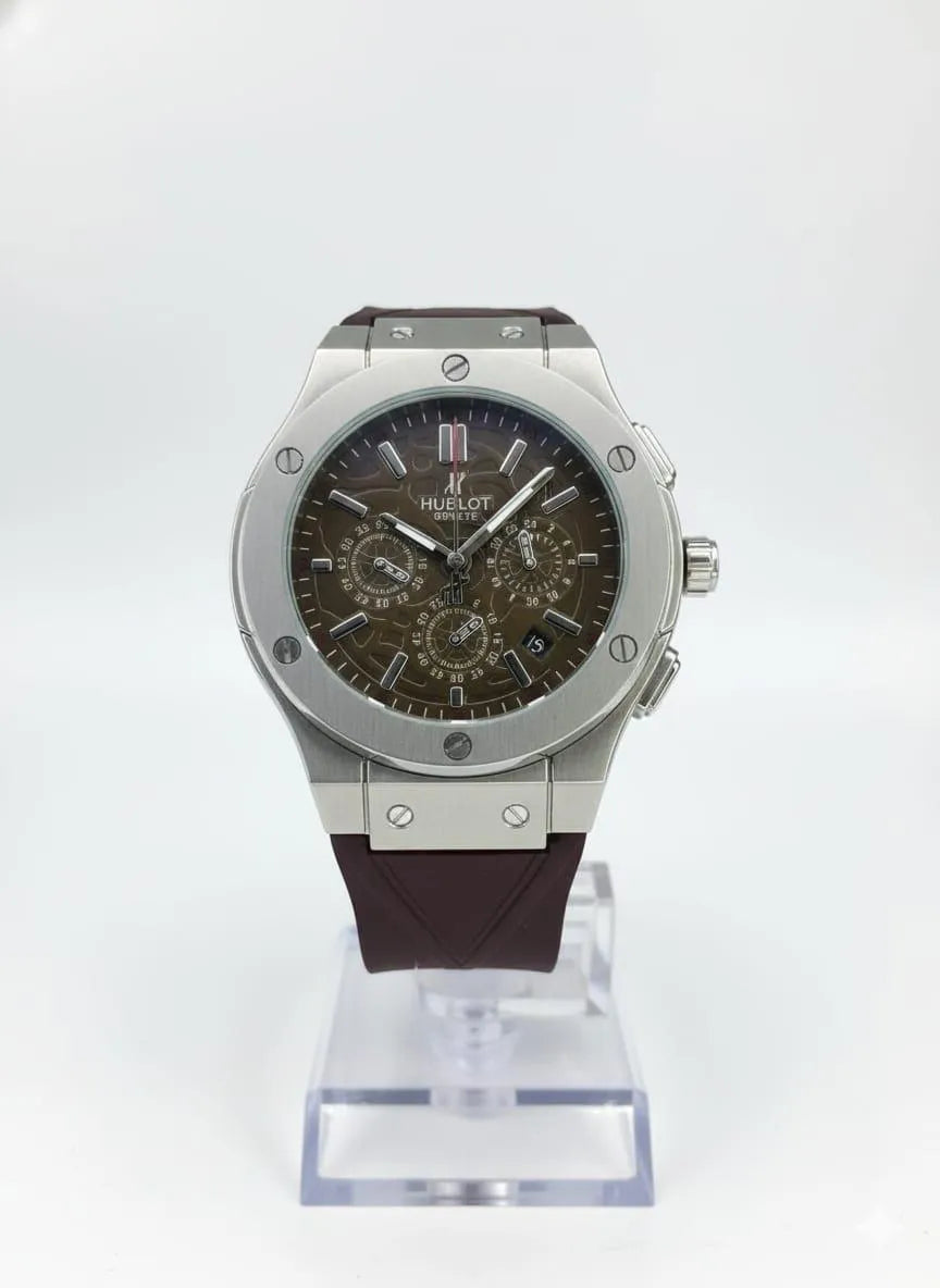 Men's Stainless Steel Chronograph Watch with Brown Rubber Strap