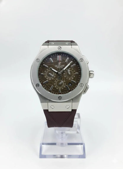 Men's Stainless Steel Chronograph Watch with Brown Rubber Strap