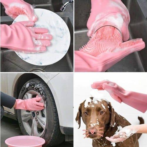 Silicone Washing Gloves Pink Durable Cleaning