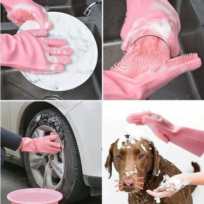 Silicone Washing Gloves Pink Durable Cleaning