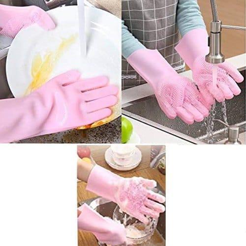 Silicone Washing Gloves Pink Durable Cleaning