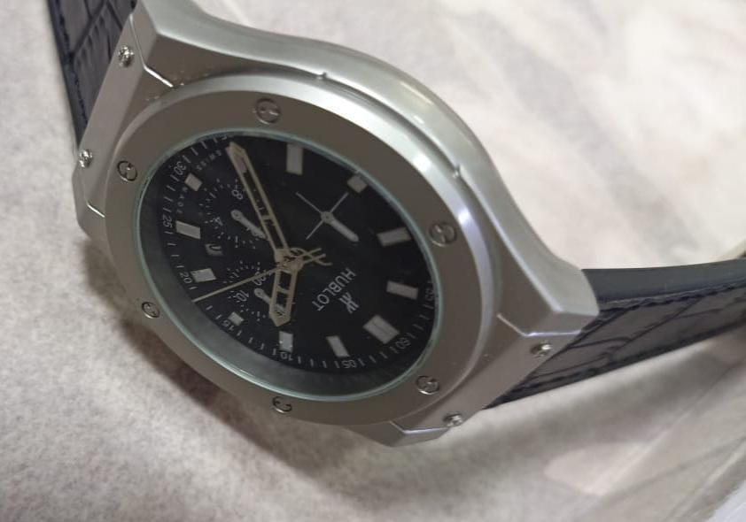 Hublot Men's Stainless Steel Chronograph Watch Black Leather Strap