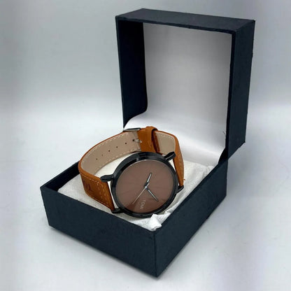 TOMI Minimalist Analog Quartz Watch Orange Leather Strap