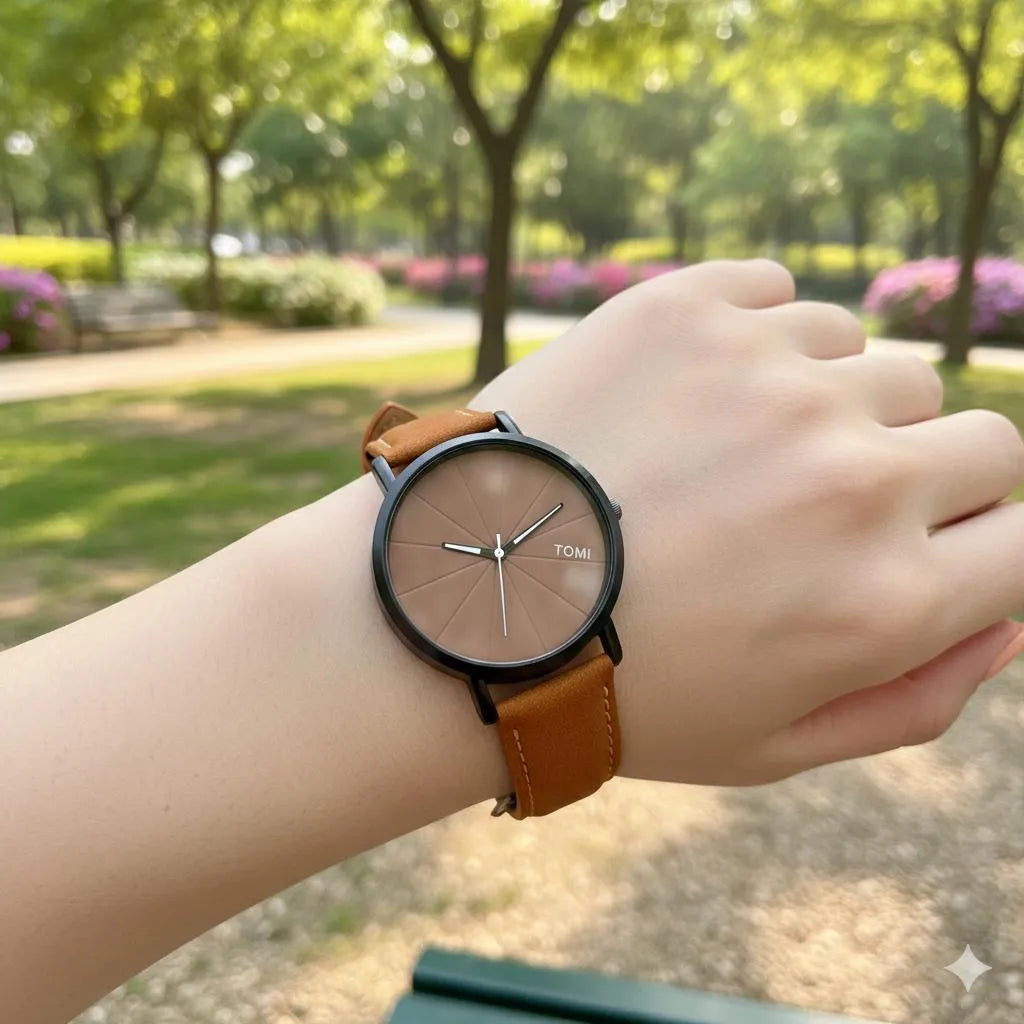 TOMI Minimalist Analog Quartz Watch Orange Leather Strap