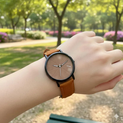 TOMI Minimalist Analog Quartz Watch Orange Leather Strap